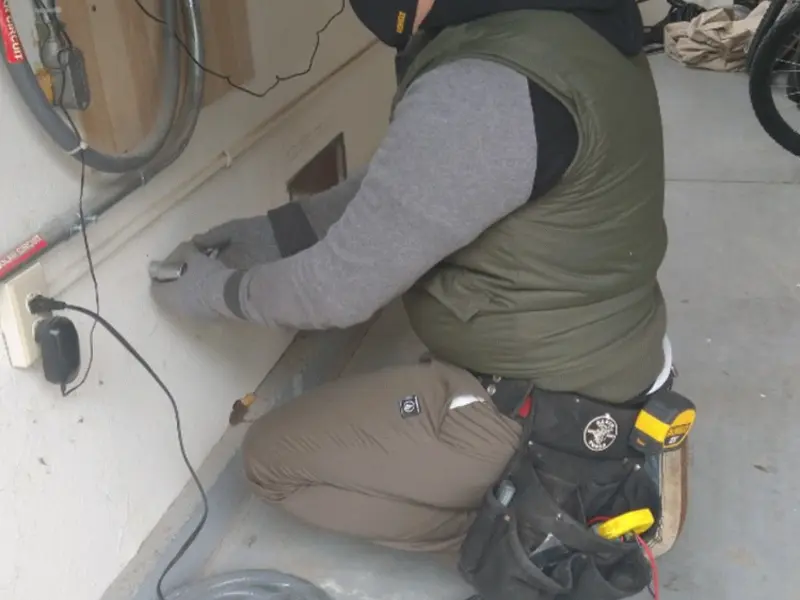 Electrician performing outlet wiring in a Flat Rock garage
